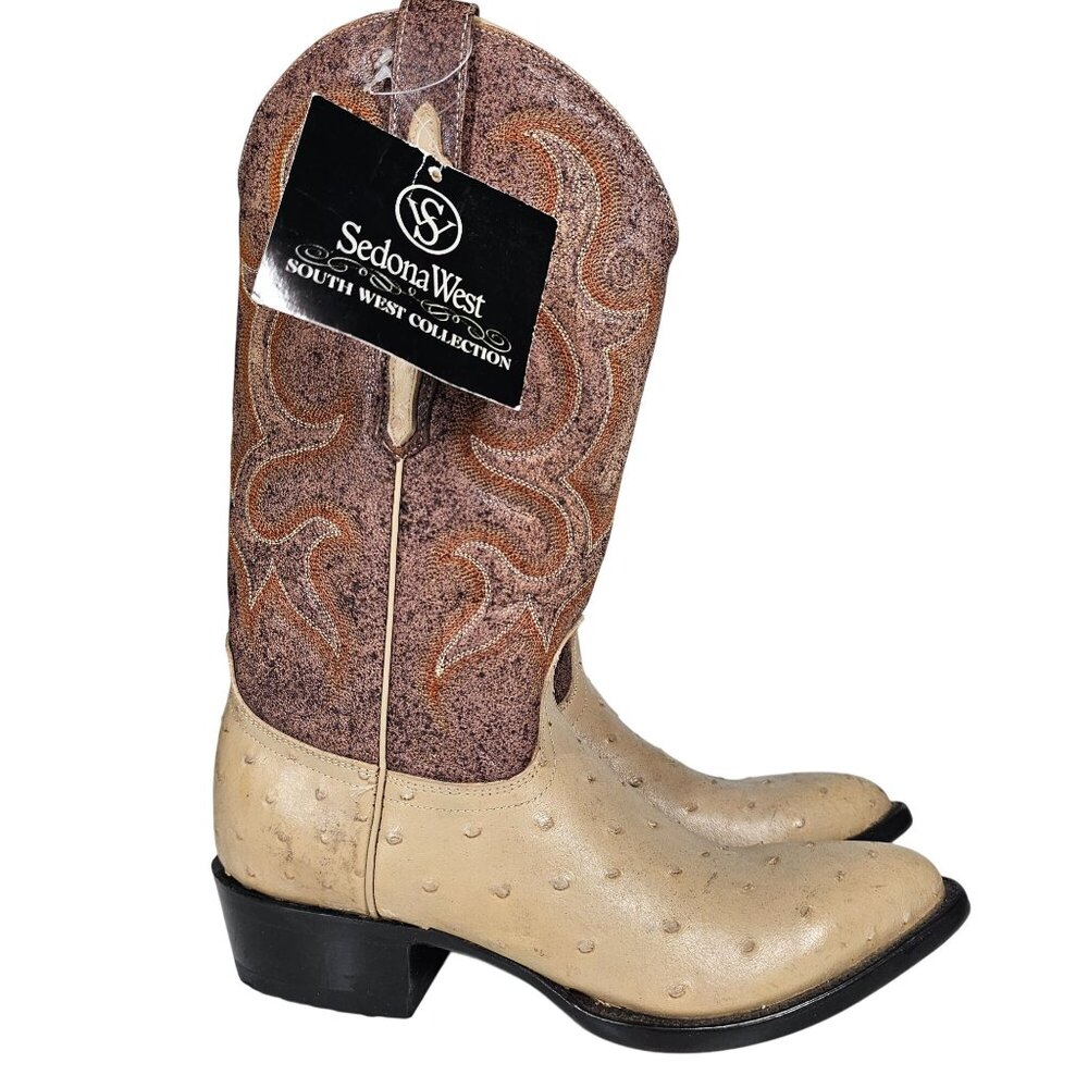 Vintage Sedona West Men's Ostrich Leather Western Boots Tan Brown 7D - Picture 11 of 12